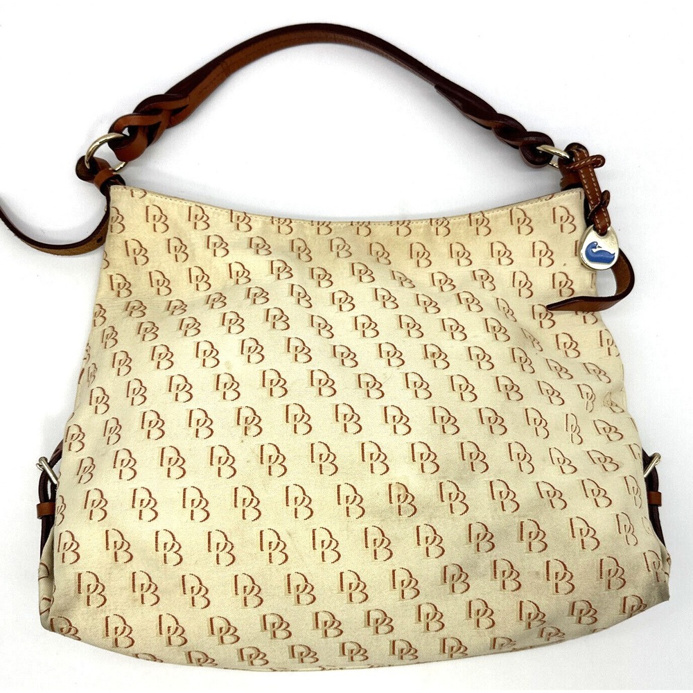 Dooney & Bourke Signature DB Logo‎ Cream Canvas Braided Leather Shoulder Handbag